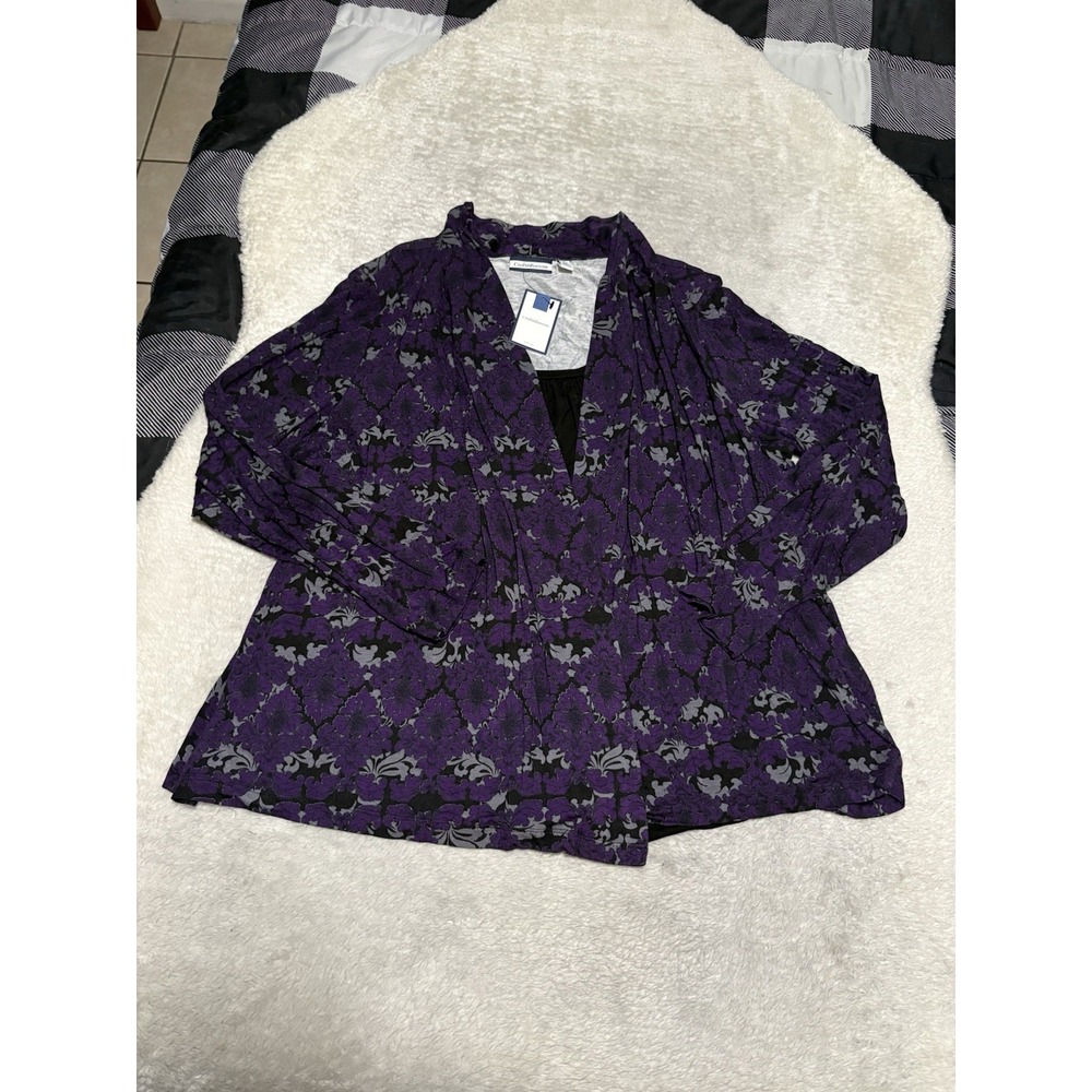 Croft Barrow Purple Black Damask Print Draped Open Front Cardigan Top Shirt 1X